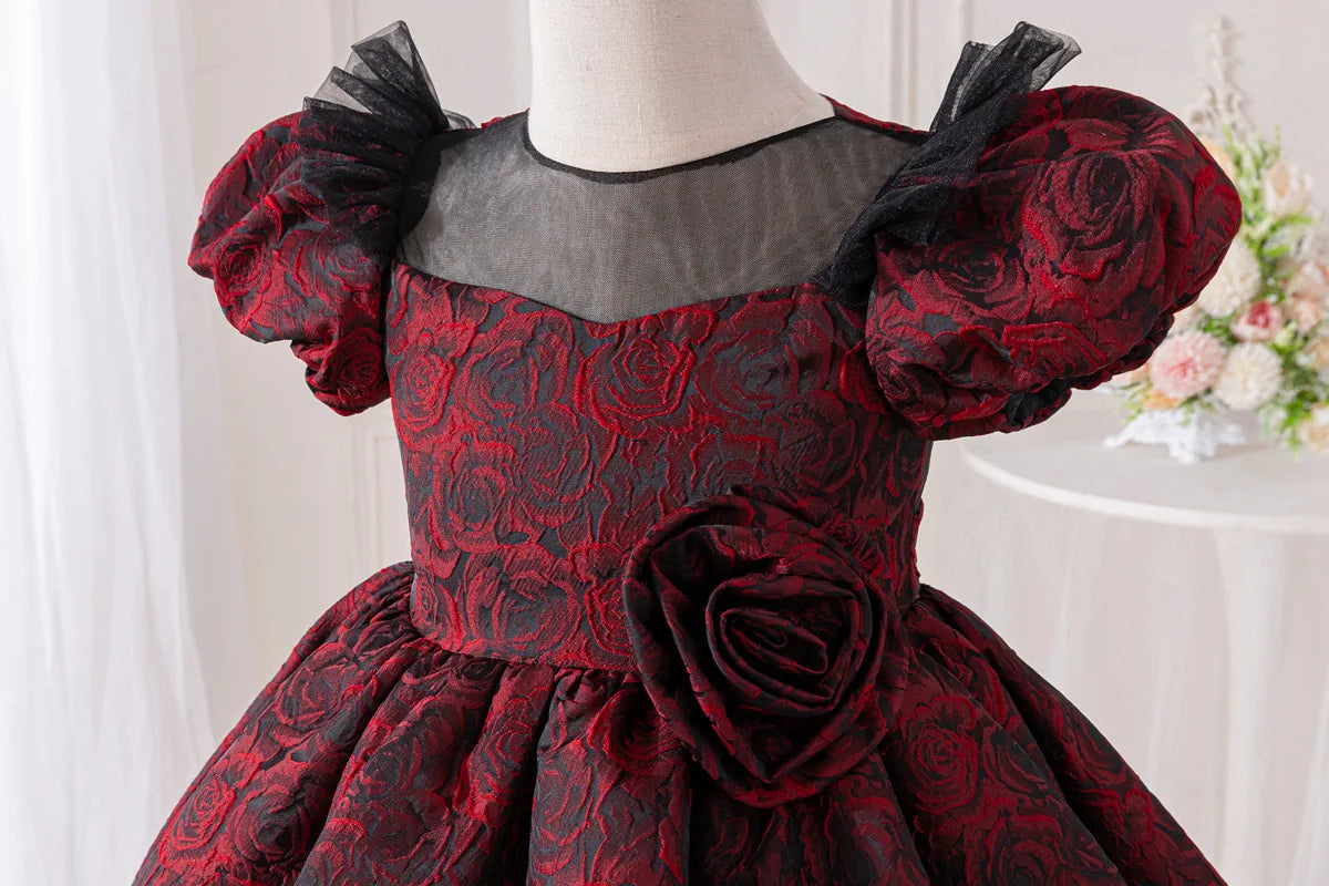HETISO Rose Floral Kids Girls Party Dresses Elegant Princess Tulle Children Ball Gown for Christmas Wedding Birthday