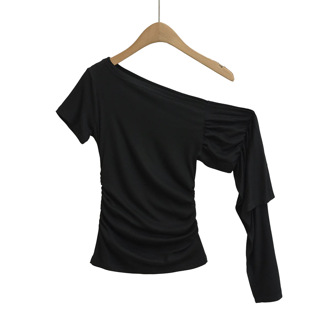 Slim Fit Asymmetric Shoulder T-Shirt Women's Summer Short Sleeve Top with Sash Street Style Sexy Trendy Pure Desire Design