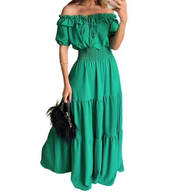 2026 Elegant Women's Off Shoulder Ruffle Sleeve Dress Fashion Solid Color Elastic Waist Tiered Maxi Dresses