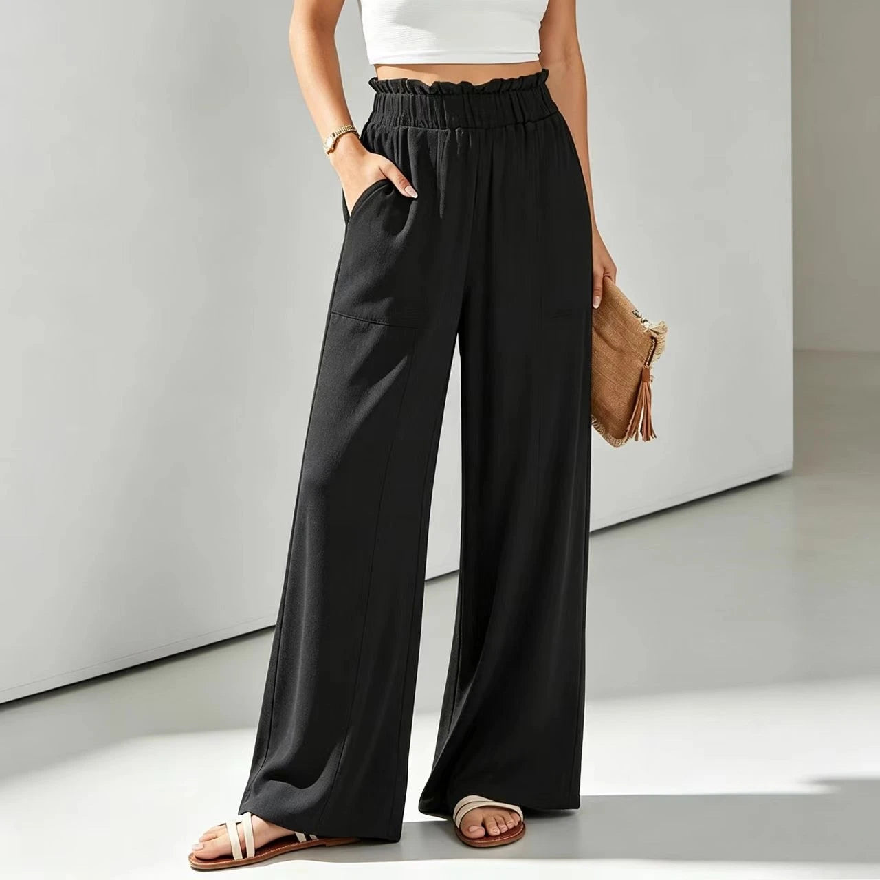 Women's Ruffle Elastic High Waist Wide Leg Pants Loose Casual Long Trousers With Pockets Spring Summer Daily Wear