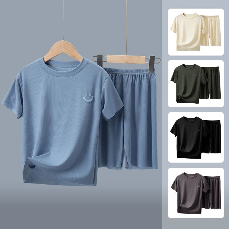 2-piece Summer Children's Solid Color Ice Silk Suit Boys Casual Fashion Cool Short-sleeved Girl Han Fan Joker Shorts Home Clothe