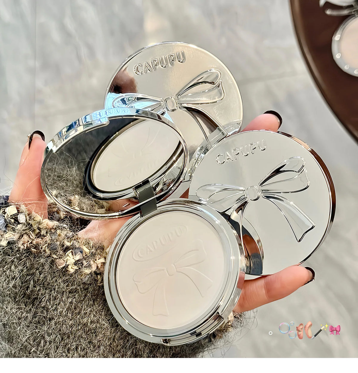 Bowknot Pressed Powder Transparent White Matte Brighten Concealer Long-lasting Oil Control Face Makeup Smooth Setting Powder