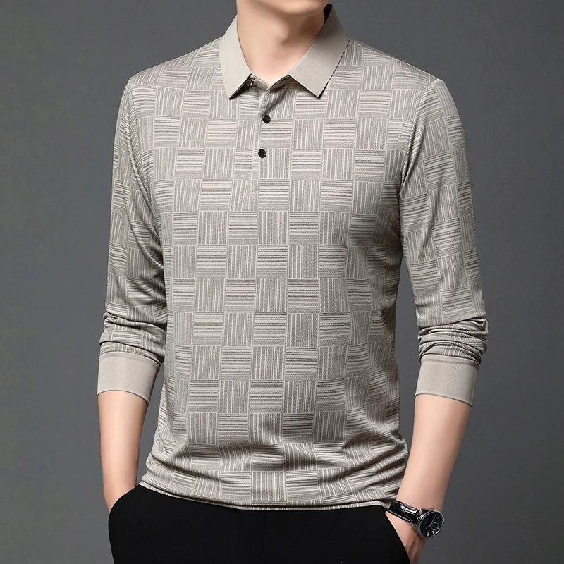 New Men's Business Casual Long Sleeved Shirt Solid Color Polo Shirt Fashionable Breathable Comfortable Versatile Top