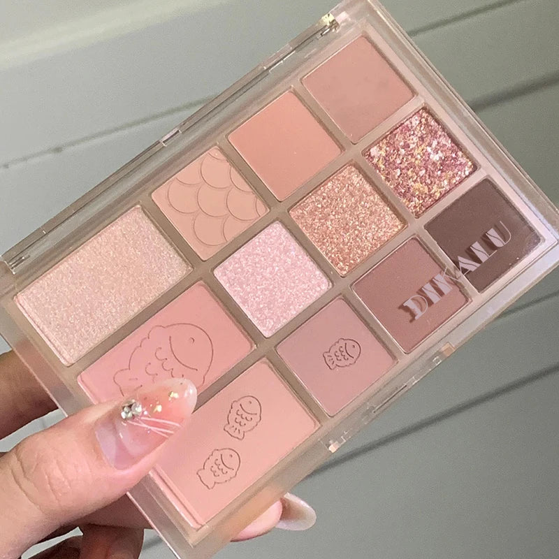 Korean 12Color Pink Brown Eyeshadow Palette With Matte Earth Tones And Pearl Glitter For Everyday Wear