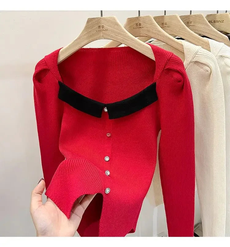 Women's Knitted Short Sweater Square Collar Base Shirt Color Collision Design Sensation Autumn Winter Special Edition Top