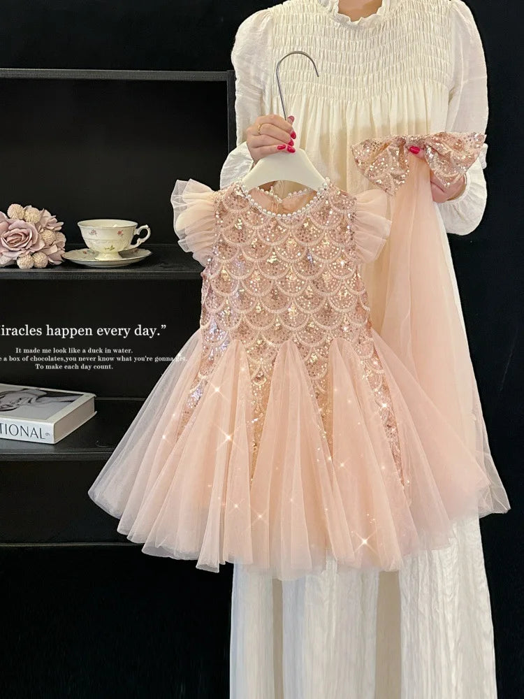 2026 New Summer Party Dresses for Girls Children's Elegant Fashion Mesh Flying Sleeves Sequined Tank Top Princess Skirt S3069