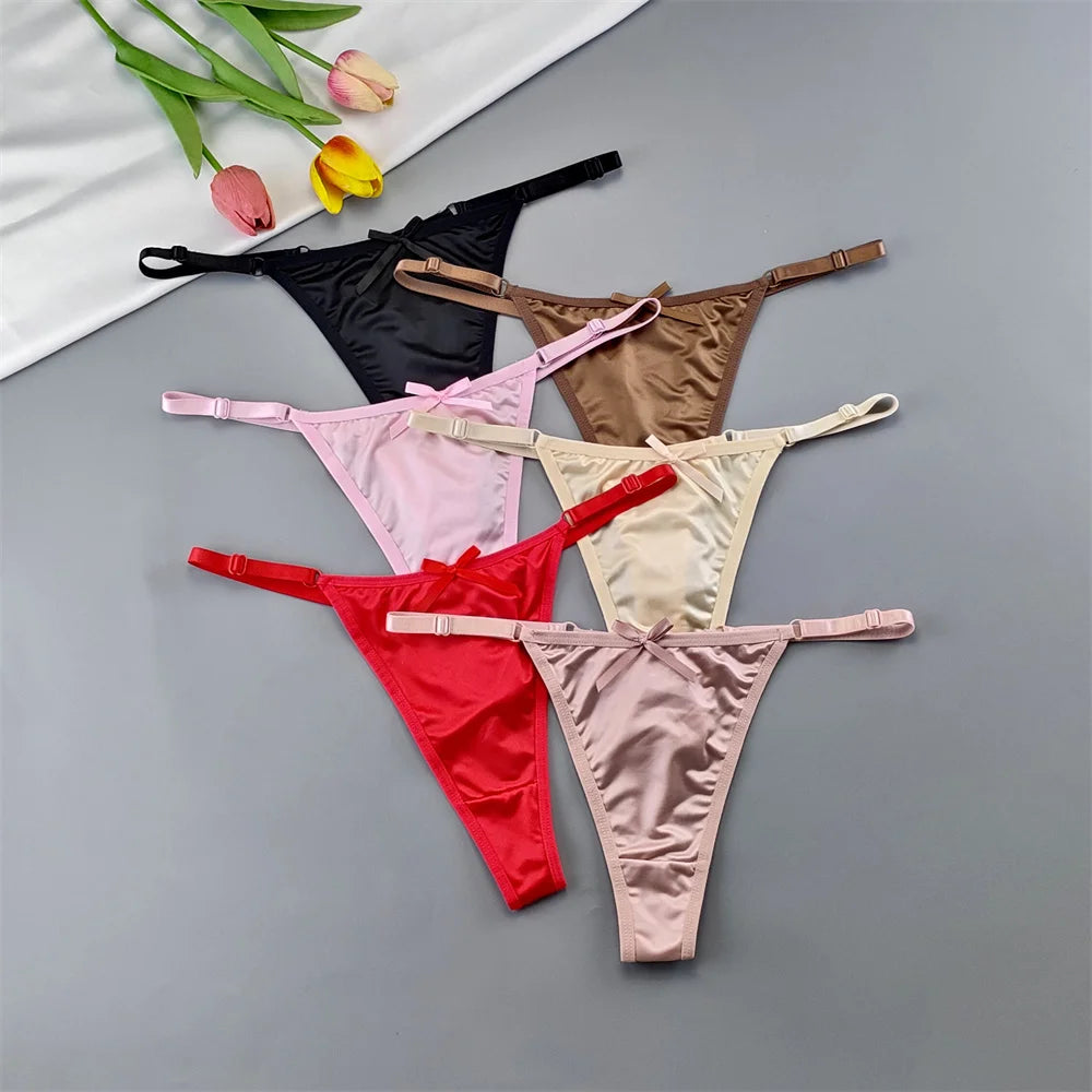 3pcs Sexy Satin Silk Underwear Panties Woman Adjustable Low Waist G Strings Plus Sizes Thong Elastic Waist Culotte Femme