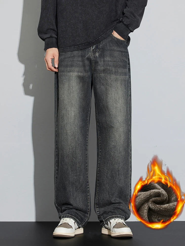 Winter Fleece Men'S Warm Jeans Loose Wide Leg Thickened Thermal Retro Denim Pants Fashion Straight Streetwear Plush Trousers