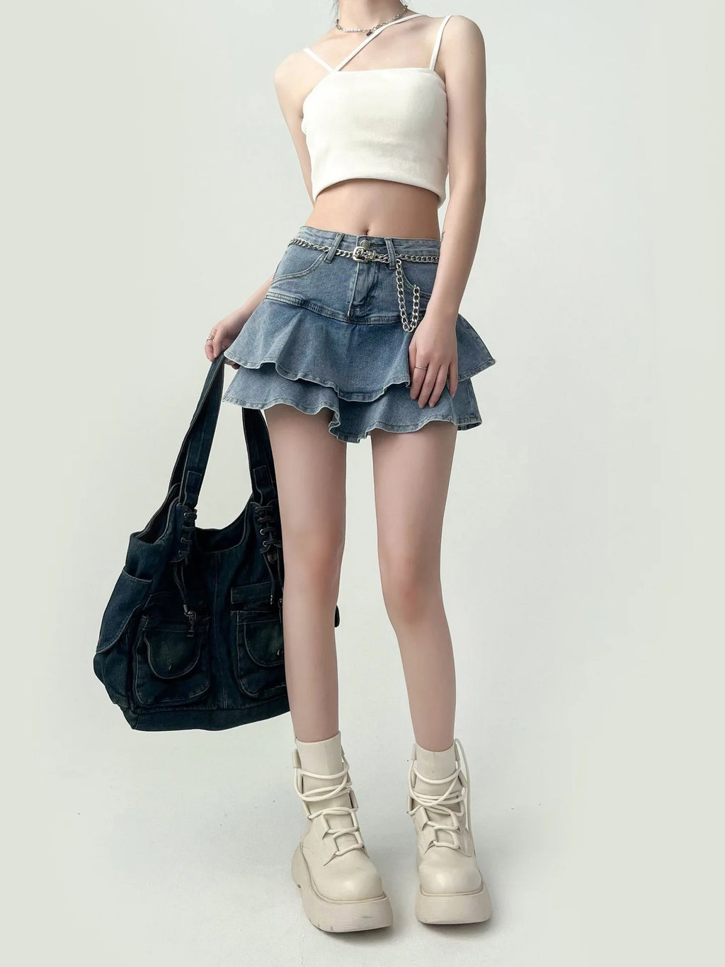 Summer Women High Waist Denim Cake Skirt A-Line Bodycon Mini Skort Casual E-Girl Street Skirt