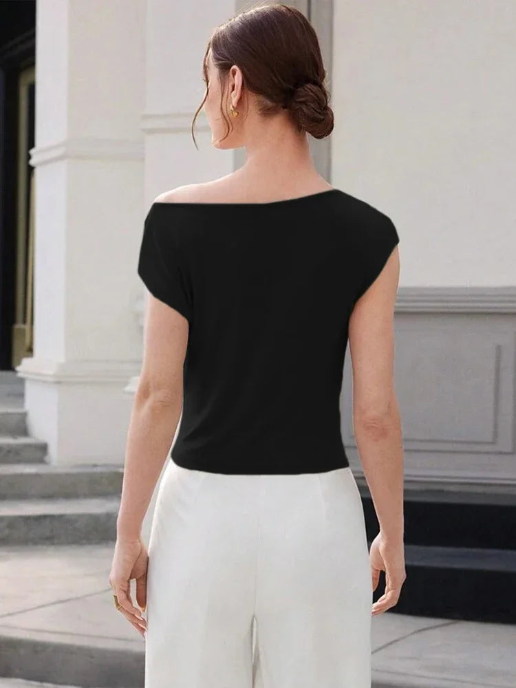 Irregular Metal Knots Tops Women Sexy Pleated Skinny High Stretch Solid Daily Casual Simple Streetwear Basic Tees