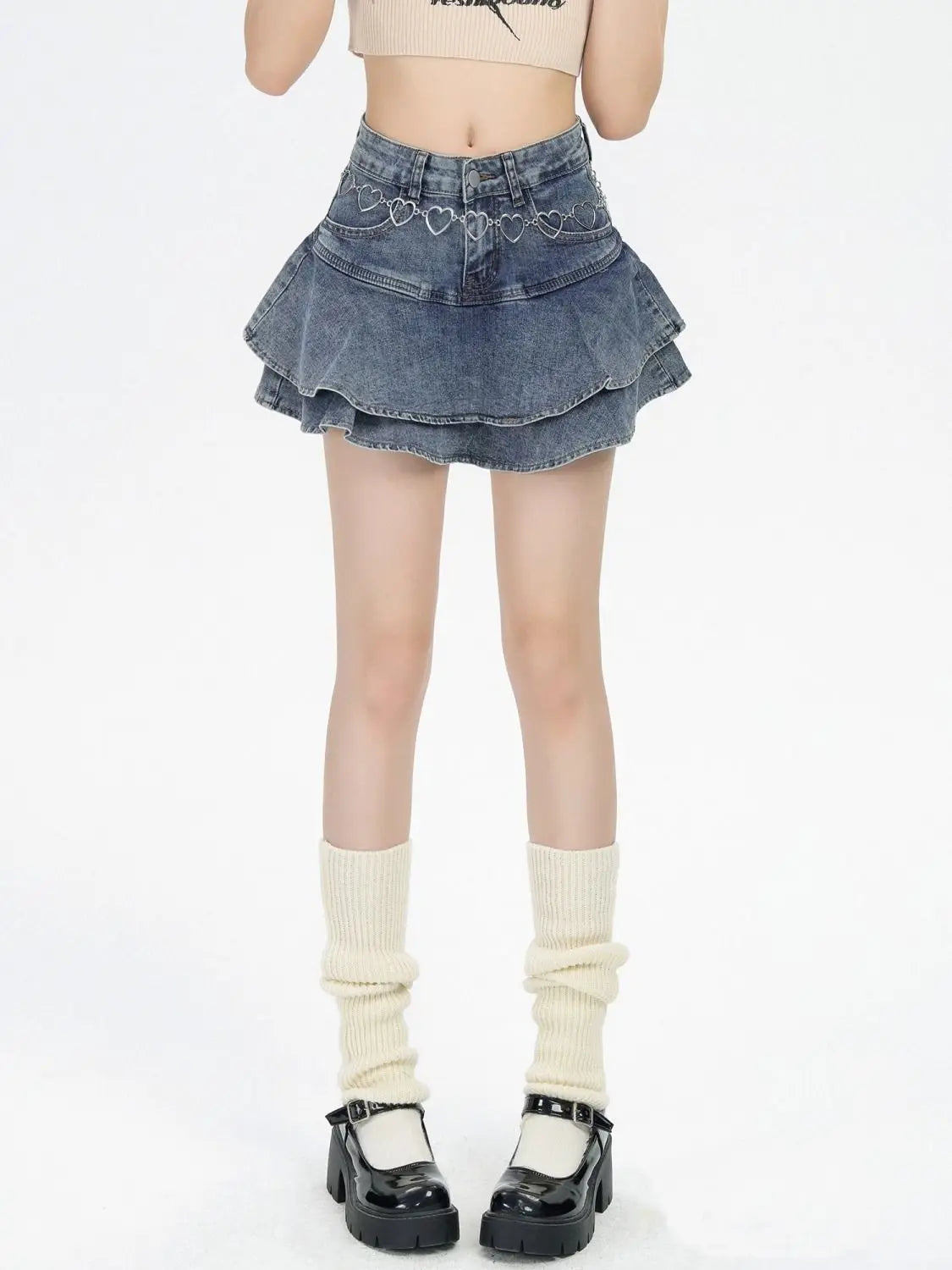 Women's Double Layer Ruffled Denim Mini Skirt With Heart Chain Decoration