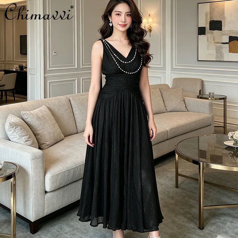 2026 Summer French Elegant Temperament Socialite V-neck Bead Chain Sleeveless High Waist A-line Banquet Evening Long Dress Women