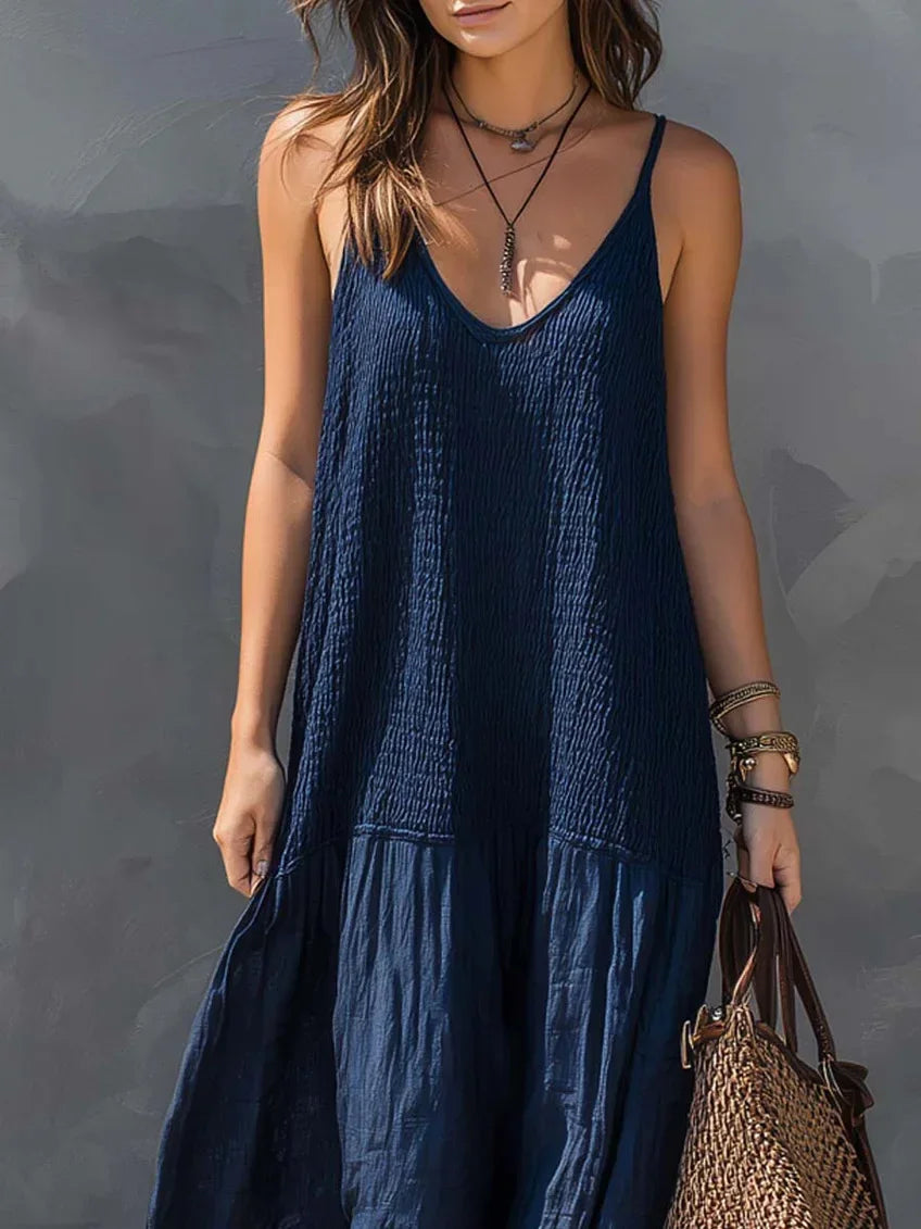 Spaghetti Strap V Neck Maxi Dress Smocked Bust Loose Wide Hem Coastal Style Getaway Wear Sleeveless Beach Long Sundress