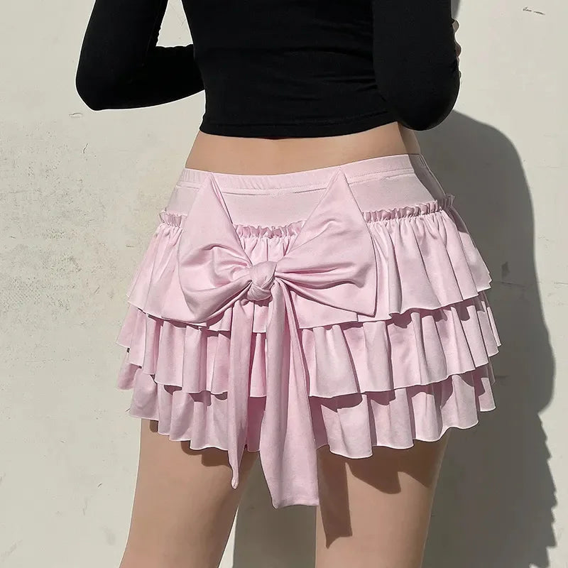 Pink Ruffled Mini Skirt Women Fashion Sexy Bow Pleated Skirt Casual Layered Sweet Preppy Style Summer Hot Skirt.