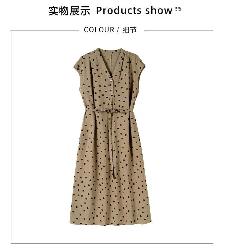 Cotton and Linen Dress French Polka Dot Print Fashion Long Skirt Summer New V-neck Casual Lace-up A-line Skirt