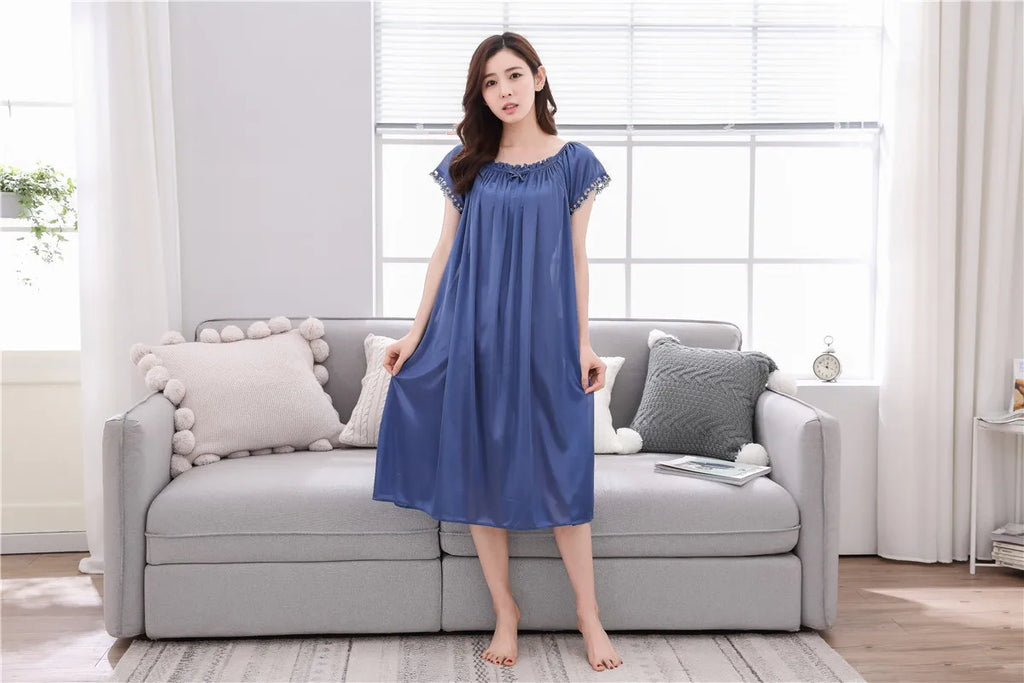 2026 New Women's Summer Imitation Silk Sleeping Skirt Multi Colored Short Sleeved Home Clothes Ice Silk Pajama Dress