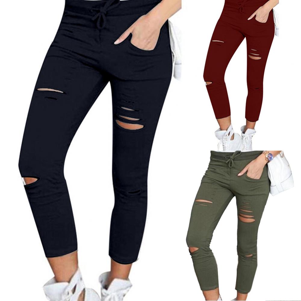 Solid Color Drawstring High Waist Pencil Pants Ripped Skinny Leggings High Waist Pencil Pants Ripped Skinny Leggings