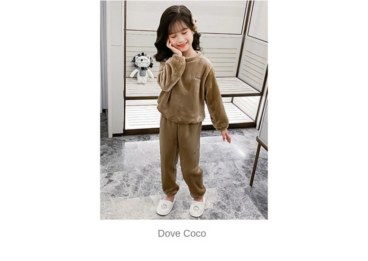2pcs Boy Girl Kids Fall Winter Sleepwear Toddler Children Baby Coral Fleece Warm Sweatshirt Pant Set Flannel Pajama Pullover Top