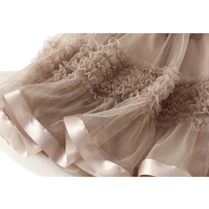 2025 Summer Floor-length Pleated Skirt Women Long Maxi Tulle Skirt for Women High Waist Vintage Mesh Cake Skirt Female
