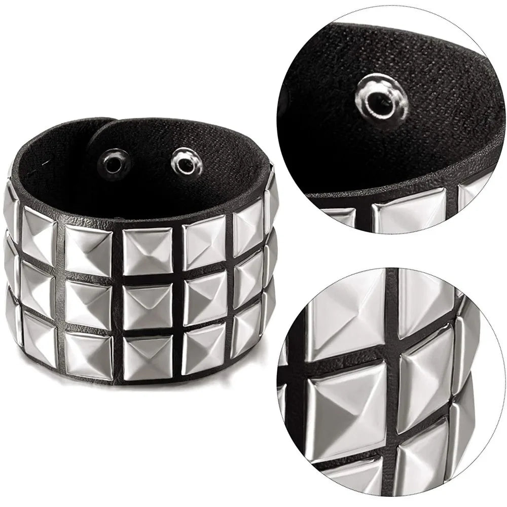 Fashion Punk Single Row Stereoscopic Square Personality Rivet Cortex Couple Bracelets for Men Women Hip-hop Rock Bangles Jewelry