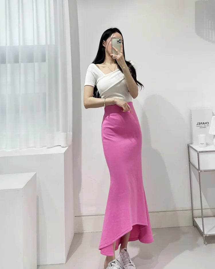 Slim Fit Short Sleeve T-Shirt Women's Summer Sexy Pure Desire Diagonal Collar Flip  Korean Style Commute Pure Color Top