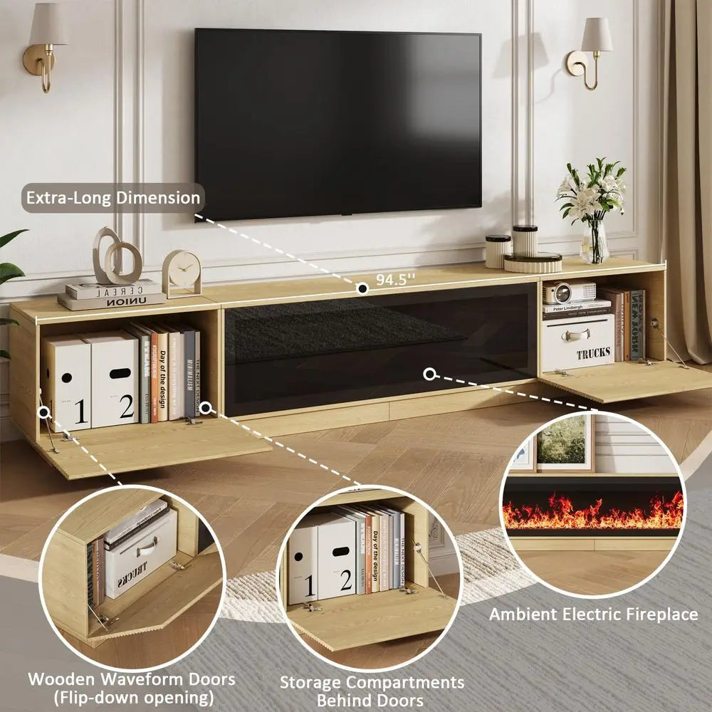 Fireplace TV Stand, Fluted TV Stands for Living Room, Natural Entertainment Center with Unheated Electric Fireplace, 5 Flame Br