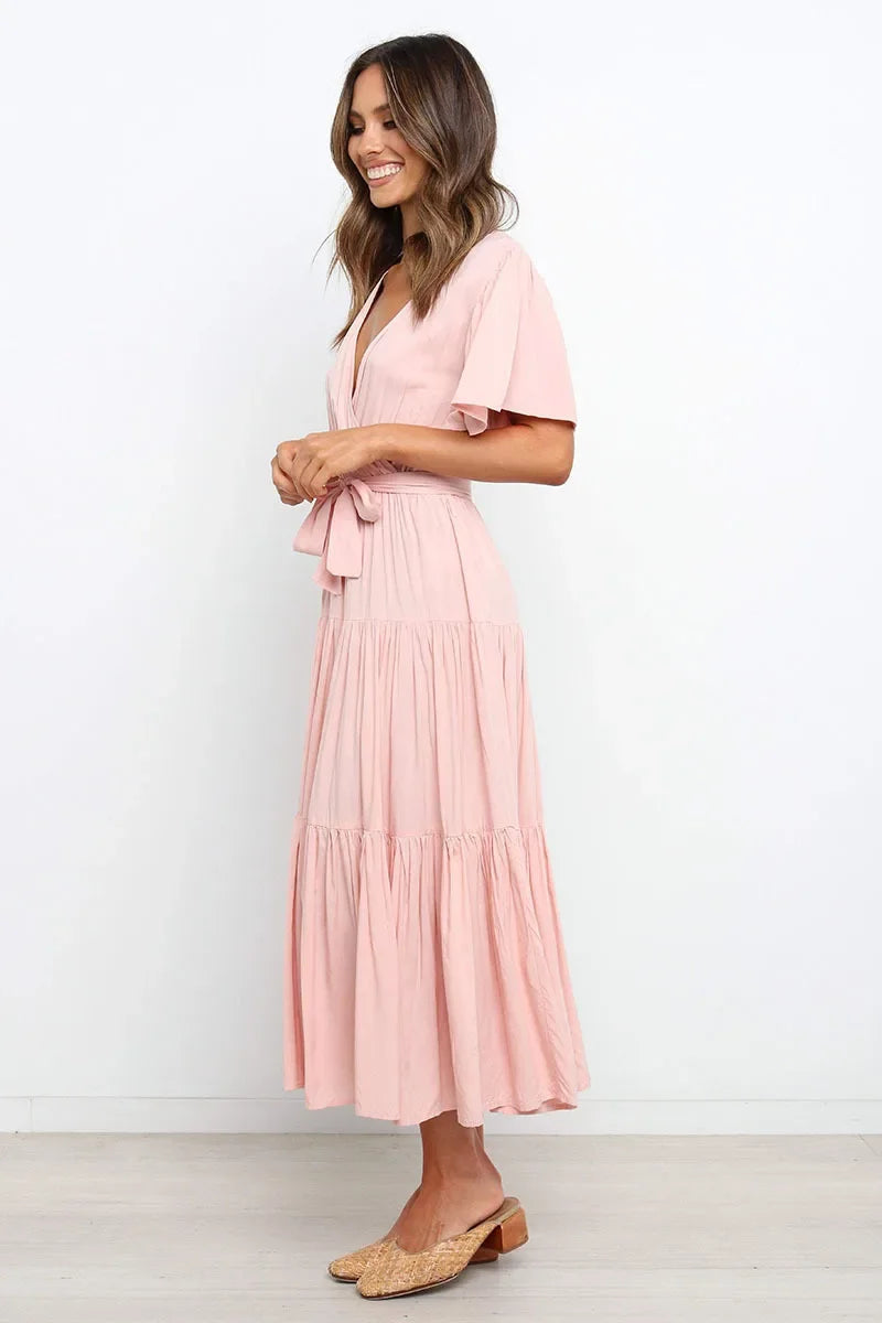 Summer Bohemian Long Dress Pure Color V-Neck Short Sleeve Empire Waist Design Floor Length with Belt Loose Fit Women's Dress
