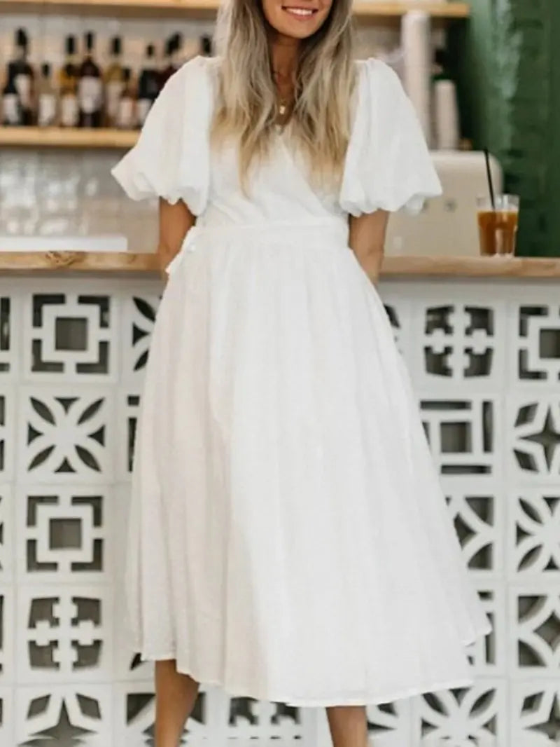 Long Dress Women Dresses Vestidos Lace Up V Neck Puff Sleeve Solid High Waist Female A Line Office Lady Summer 2025 Maxi Gown