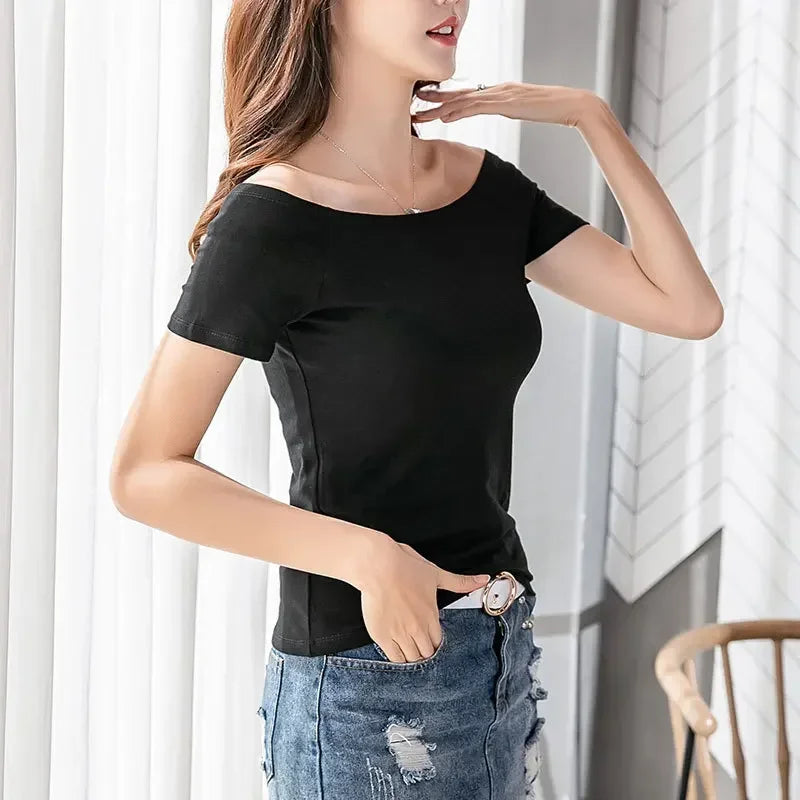 MRMT 2026 Brand New Women's T Shirt Cotton Slim Fit Short Sleeve T-Shirt For Female Off Shoulder Tops One Line Neck Tshirt
