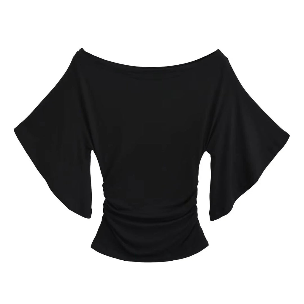 Korean style Women Summer Sexy Bat Sleeve Slash Neck Off Shoulder T-shirt Cinching Waist Solid Slim Top