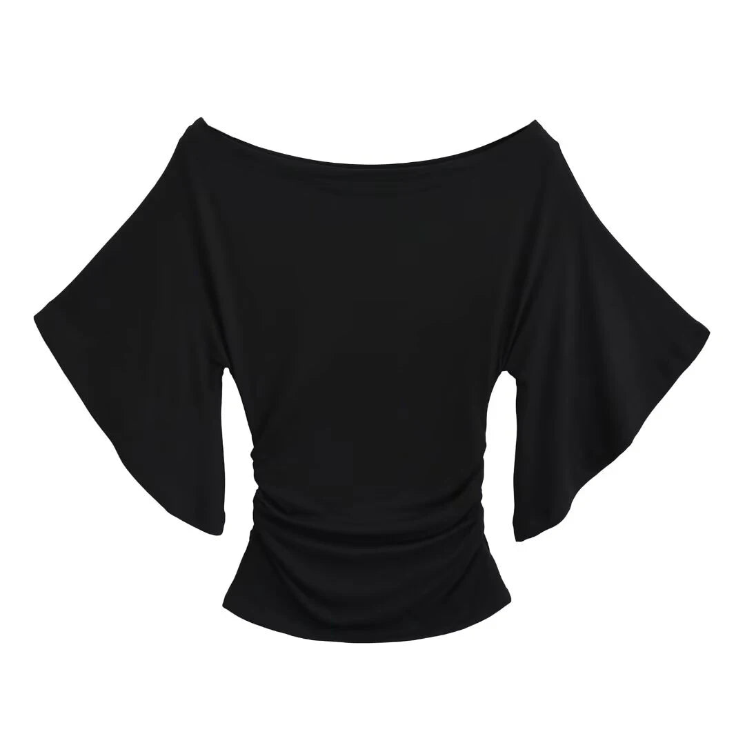 Korean style Women Summer Sexy Bat Sleeve Slash Neck Off Shoulder T-shirt Cinching Waist Solid Slim Top