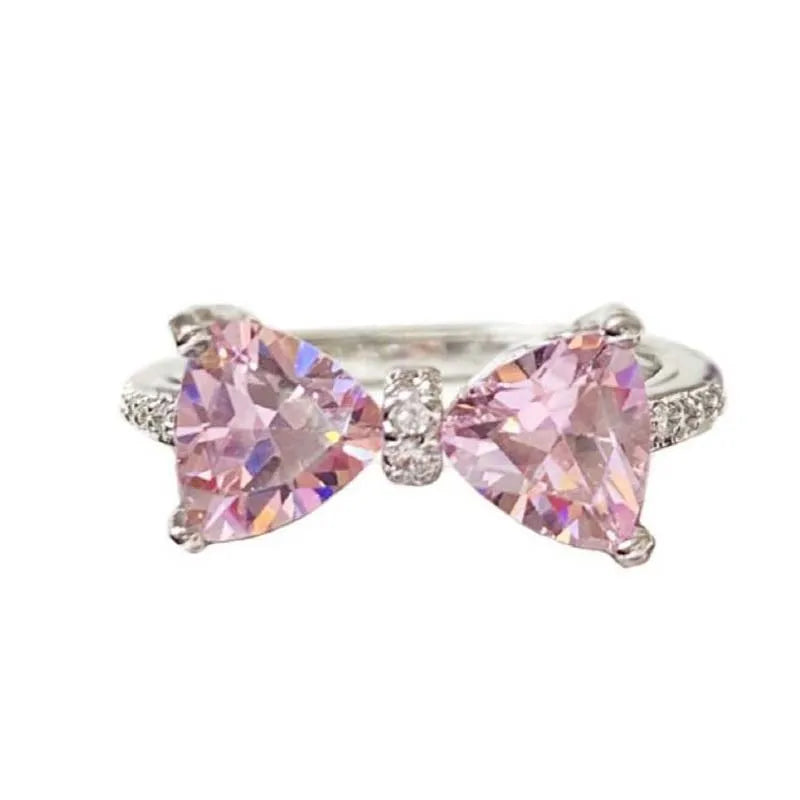 New Arrived Romantic Lovely Pink Bowknot Design Female Exquisite Jewelry Ring with Micro Bow Tie Zircon for Party and Dating