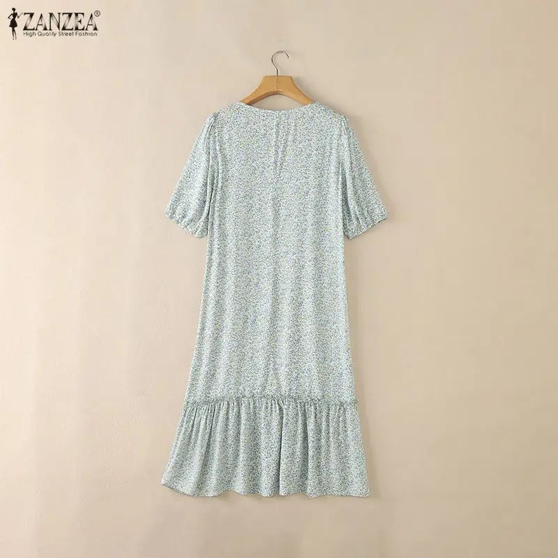 ZANZEA Women's Floral Printed Midi Dress Square Neck Half Puff Sleeve A-Line Dresses Summer Pullover Ruffled Hem Robes Femme