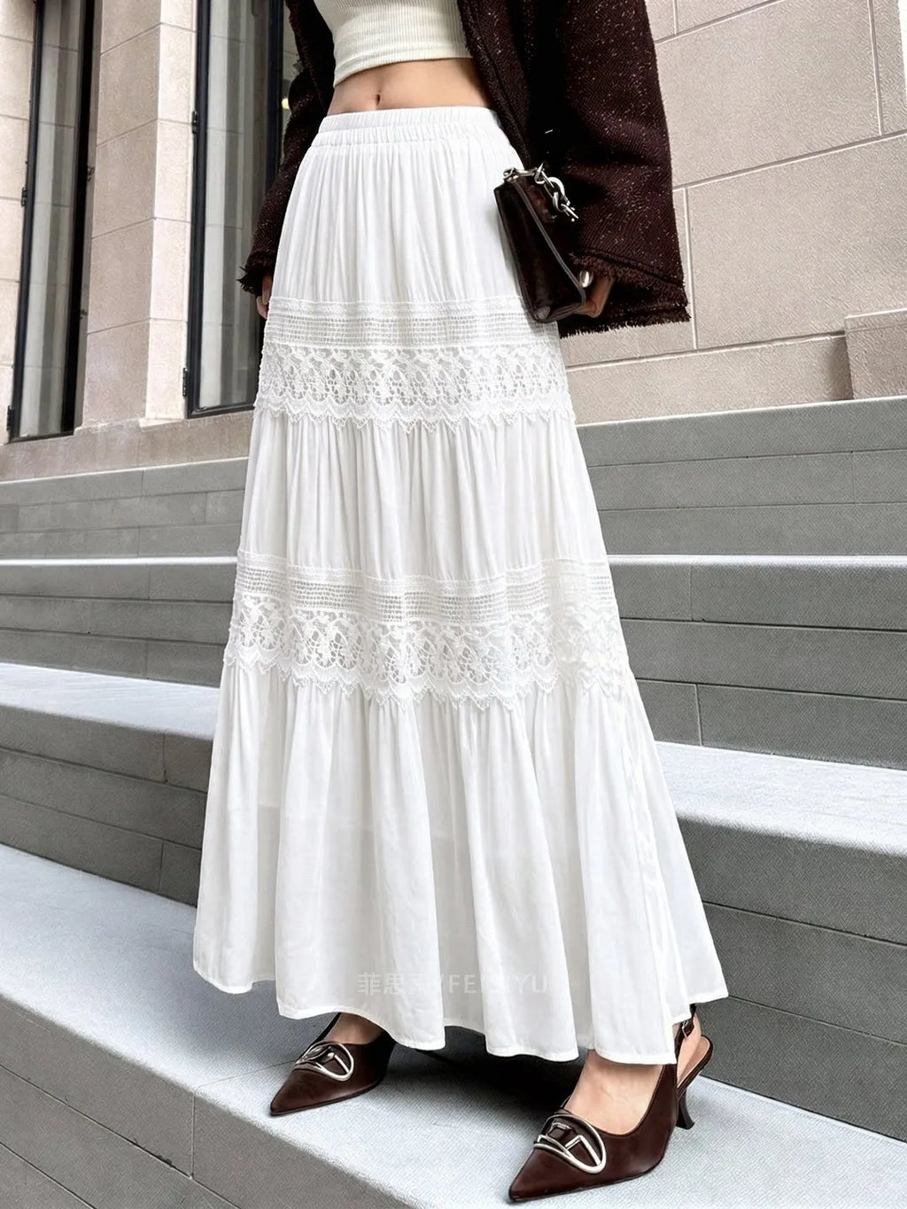 White Double Lace Tiered Maxi Skirt Women Full Elastic Waist Flowy Ruffle A-Line Long Skirt