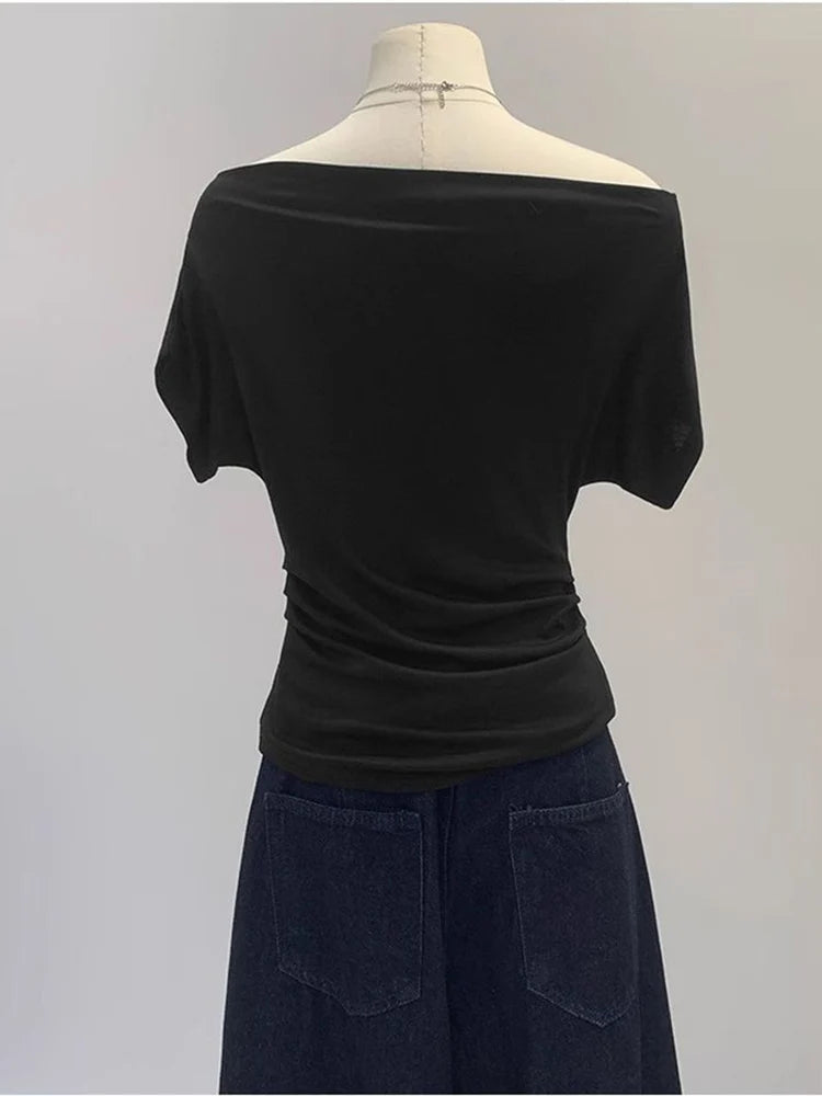 Summer One Shoulder Black Women's T-shirt Short Sleeve Korean Style Slimming Top Exposed Shoulder Fashionable