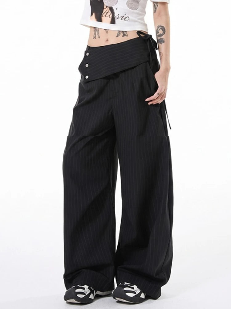 Detachable Skirt Panel Striped Suit Pants Women Turn Up Cuff Tie Waist Straight Wide Leg Trousers Loose Casual Streetwear Pants
