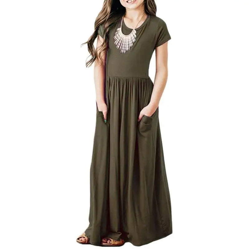 Summer Girls New Solid Color Short Sleeved Long Dress Beach Party Birthday Casual Fashion Show Versatile A-Line Dress
