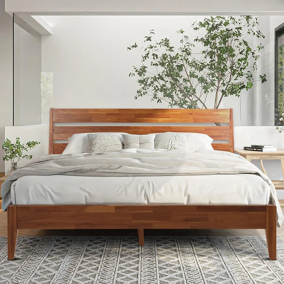 Acacia Wood Platform Bed Frame with Headboard, King Size, Caramel