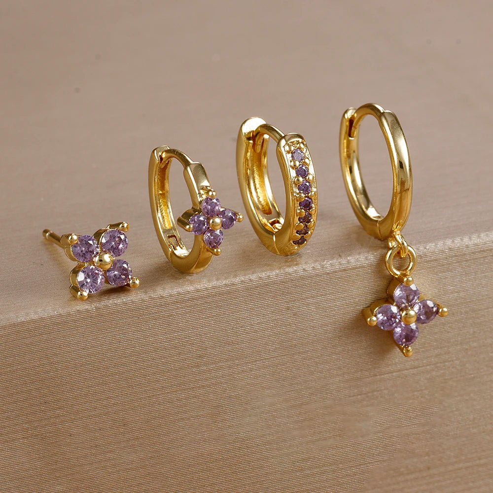 Cubic Zirconia Flower Hoop Earrings 4 Piece Set 18K Gold Plated Stainless Steel For Women