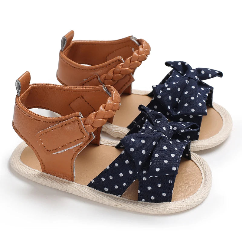 Baby Girl First Walker Sandals - Bow Summer Soft Fabric Shoes 0-1Y