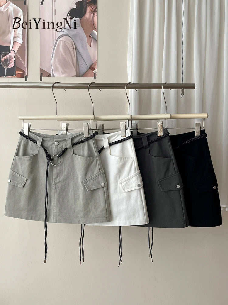 Beiyingni American Style Women's Short Denim Skirt Belt Vintage Fashion Summer High Waist A-line Skirts Female Streetwear Skirt