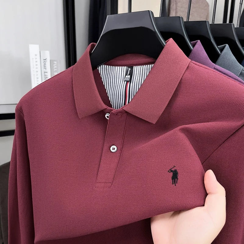 Pure Cotton Polo Shirt For Men Premium Embroidered Pony Logo Autumn Winter Long Sleeve Business Casual