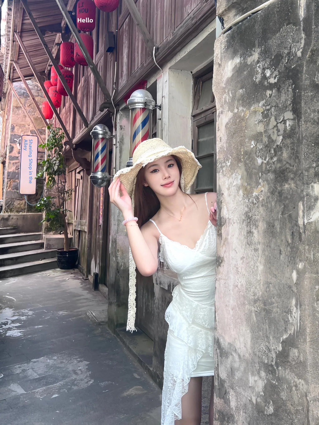 Summer New Style White Lace Irregular Belted Strap Dress Women's Beach Vacation Dress Slim Fit French Style No Sleeve Dress