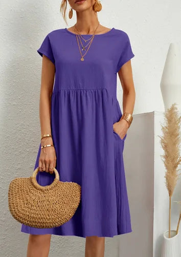 Customizable Fashion Solid Dress Women Cotton Linen O-Neck A-line Dress