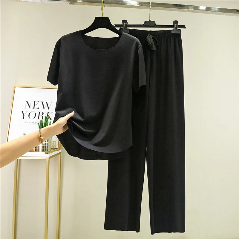Women's Ice Silk Two-Piece Set - Round Neck T-Shirt and Loose Pants
