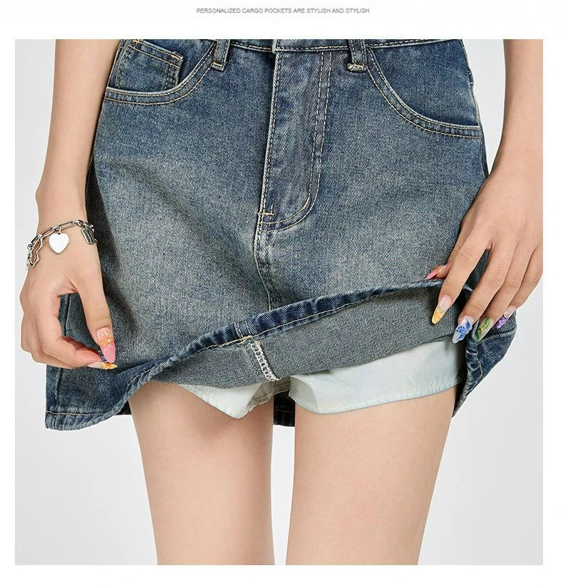 Harajuku Denim Plaid Skirt Women Sexy Multiple Pockets Mini Skirts Vintage Y2K New Fashion 2025 Lady Casual Versatile Streetwear