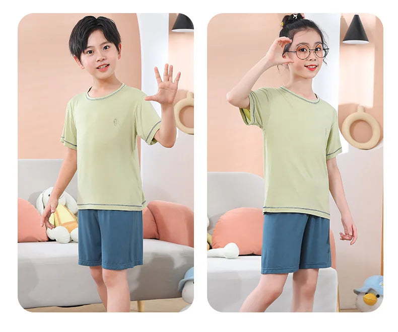 Teenage Boy Pajamas Summer Girl Short Sleeve Children's Clothing Sleepwear Silk Cotton Pyjamas Sets For Kids 4 8 9 12 13 14Years