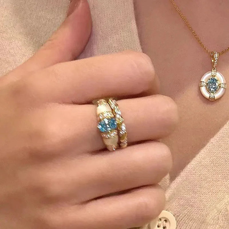 Aquamarine & White Fritillaria Ring & Necklace Jewelry Set