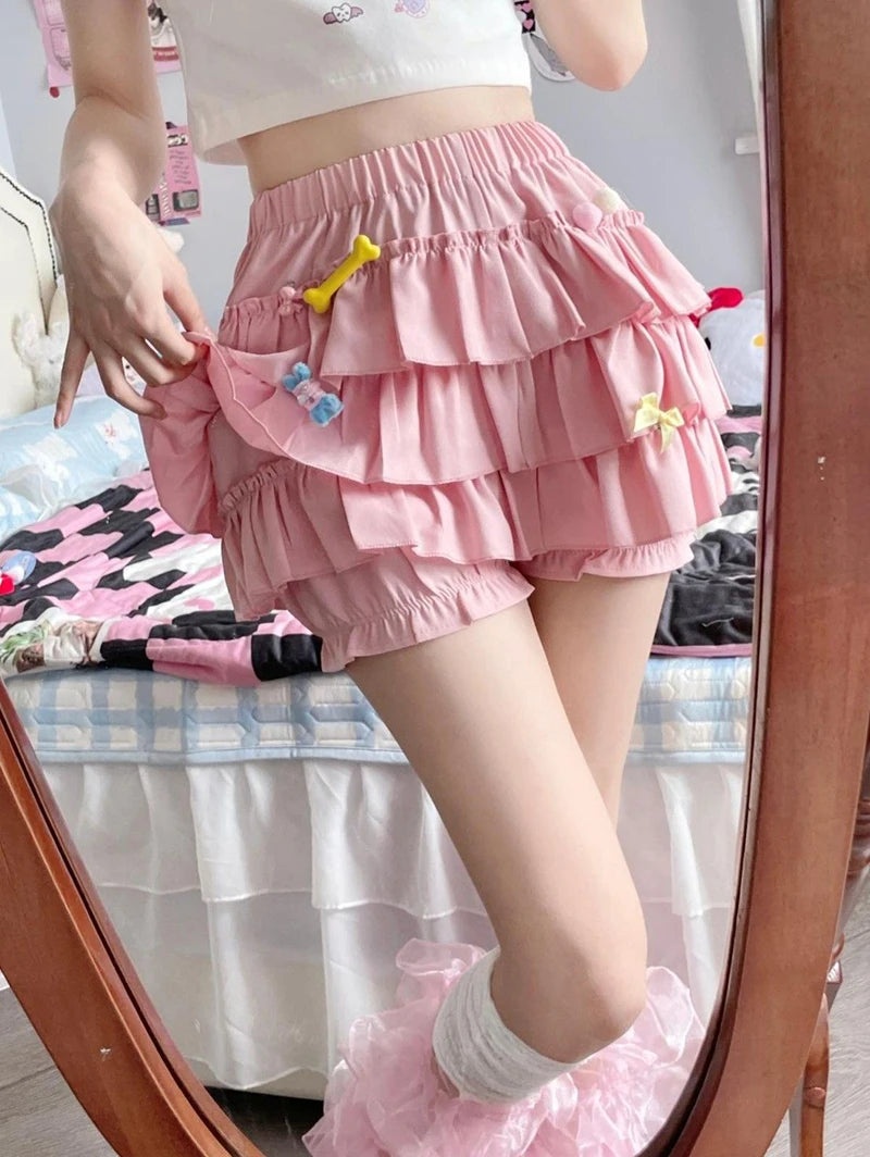 Pastel Tiered Ruffle Mini Skirt with Built-in Bloomer Shorts Layered Frill Skort Women Soft-Girl Kawaii Lolita Jirai Kei Sukapan