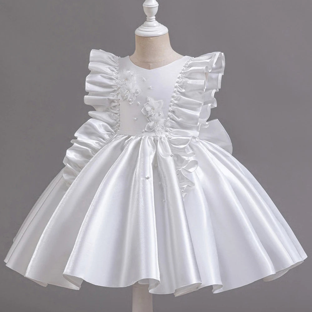 HETISO 1-6 Years Girl Princess Dress Ruffle Sleeve Kids Puffy Satin Dresses Children's Ball Gown for Birthday Holiday New Year